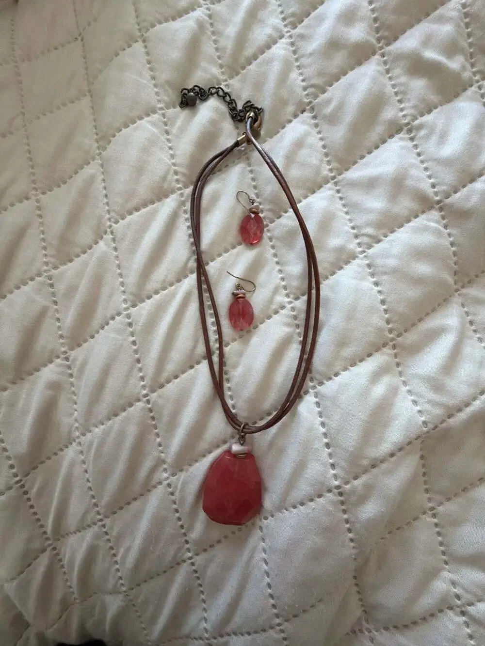 Coral  Quartz Gemstone Pendant Necklace and Matching Dangle Earrings Set